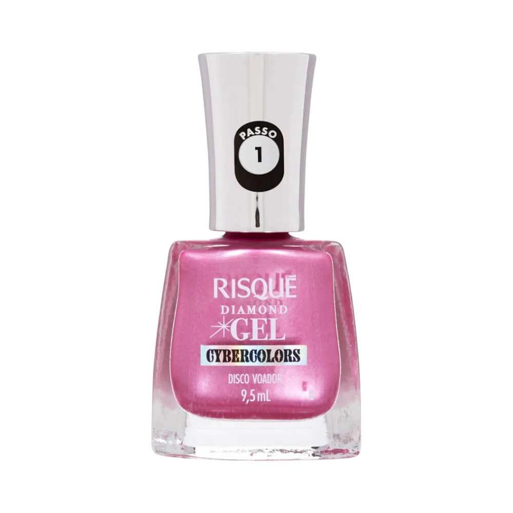 Frasco de esmalte Risqué Diamond Gel Cybercolors Disco Voador rosa brilhante com acabamento metálico